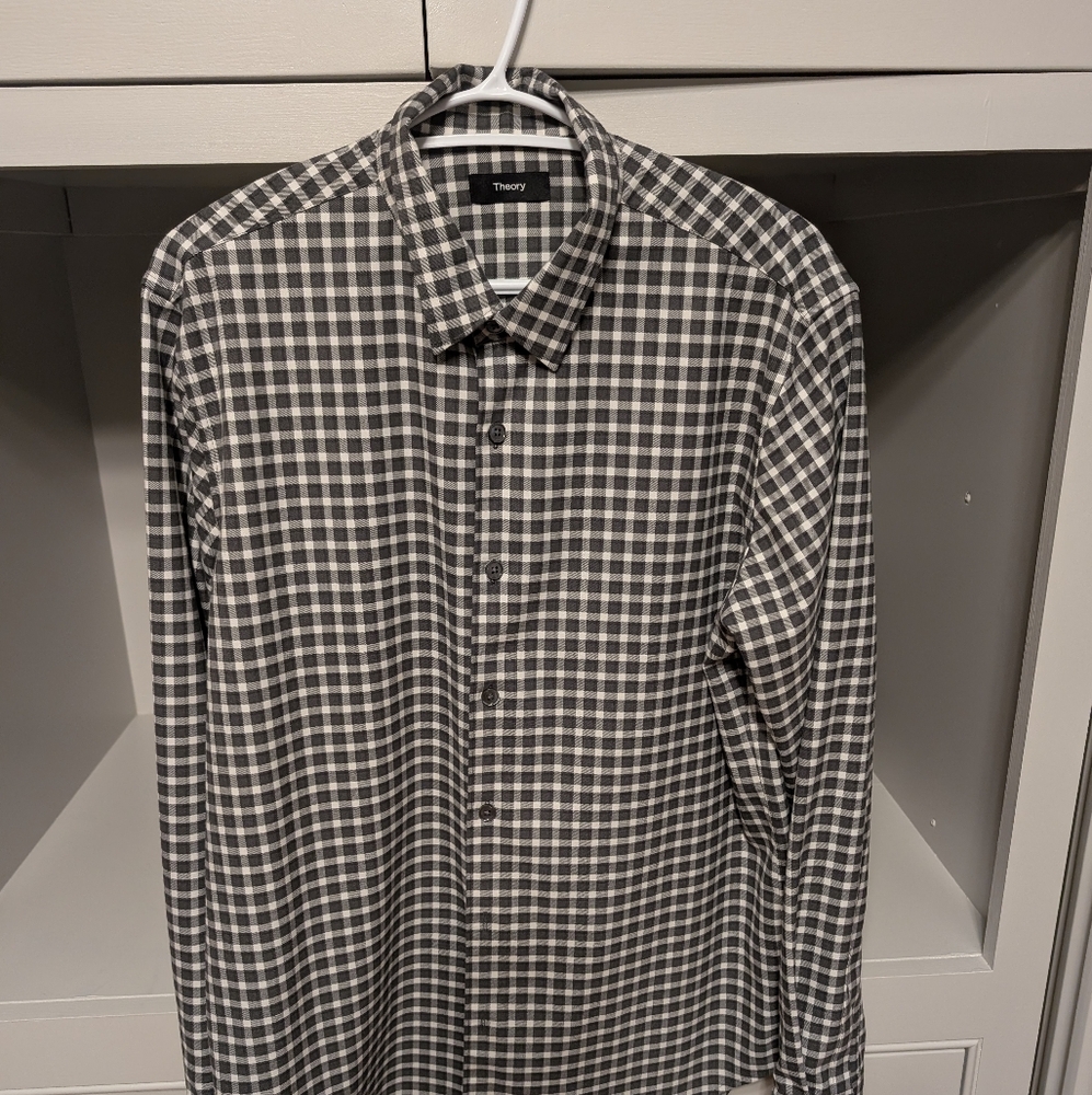 NWOT's Theory Men's L charcoal grey and white button shirt ...looks dressy